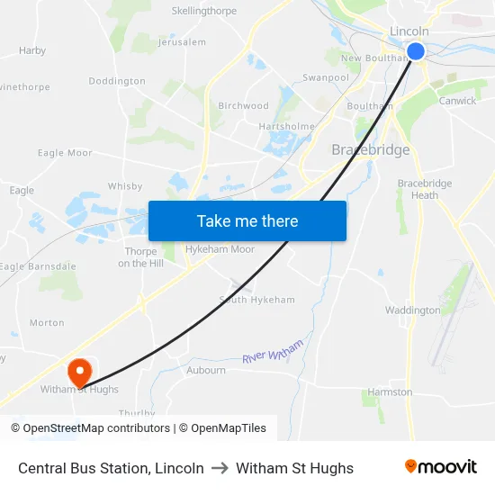 Central Bus Station, Lincoln to Witham St Hughs map