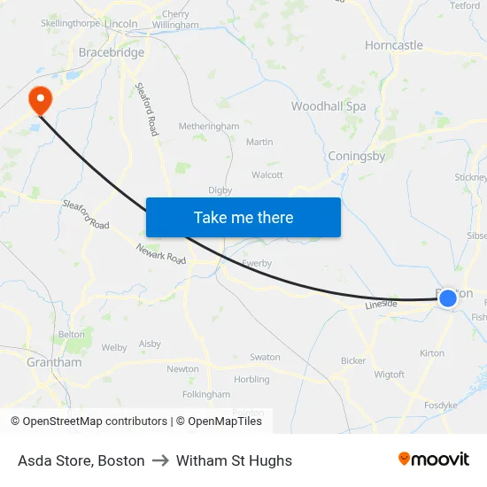 Asda Store, Boston to Witham St Hughs map