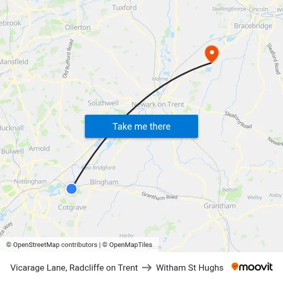 Vicarage Lane, Radcliffe on Trent to Witham St Hughs map