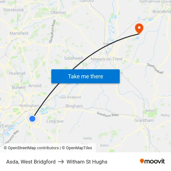 Asda, West Bridgford to Witham St Hughs map