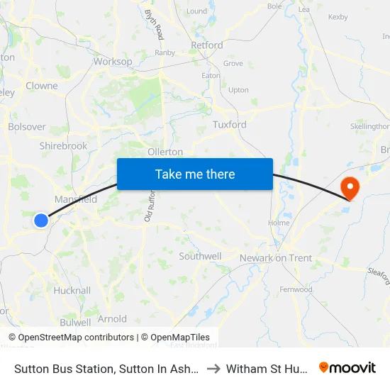 Sutton Bus Station, Sutton In Ashfield to Witham St Hughs map