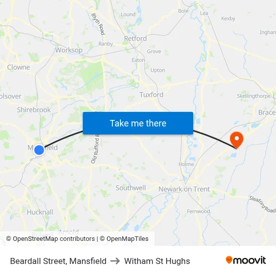 Beardall Street, Mansfield to Witham St Hughs map