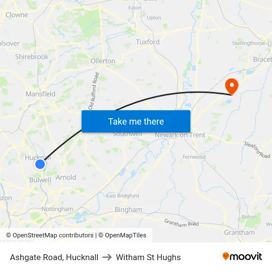 Ashgate Road, Hucknall to Witham St Hughs map