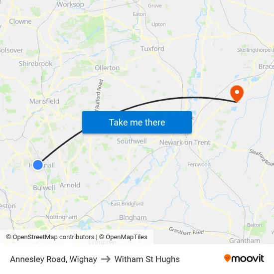 Annesley Road, Wighay to Witham St Hughs map