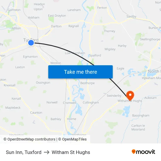 Sun Inn, Tuxford to Witham St Hughs map