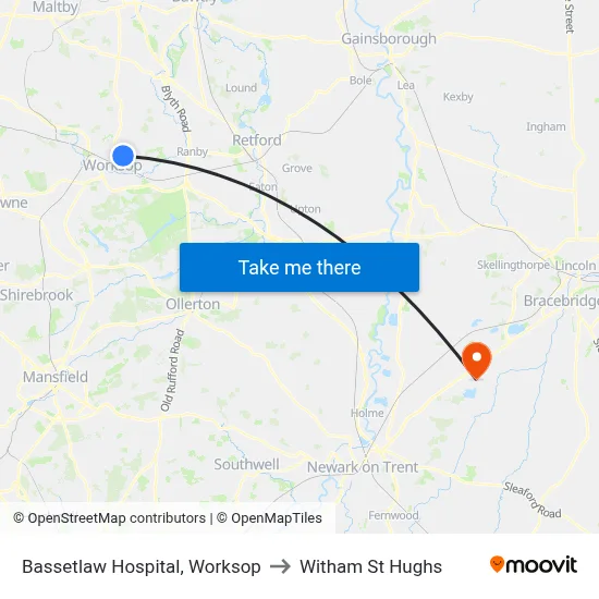 Bassetlaw Hospital, Worksop to Witham St Hughs map
