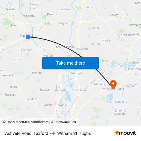 Ashvale Road, Tuxford to Witham St Hughs map