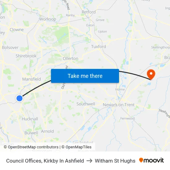 Council Offices, Kirkby In Ashfield to Witham St Hughs map
