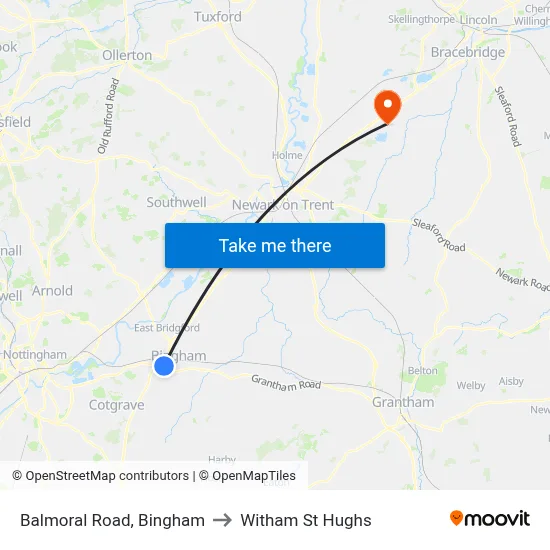 Balmoral Road, Bingham to Witham St Hughs map