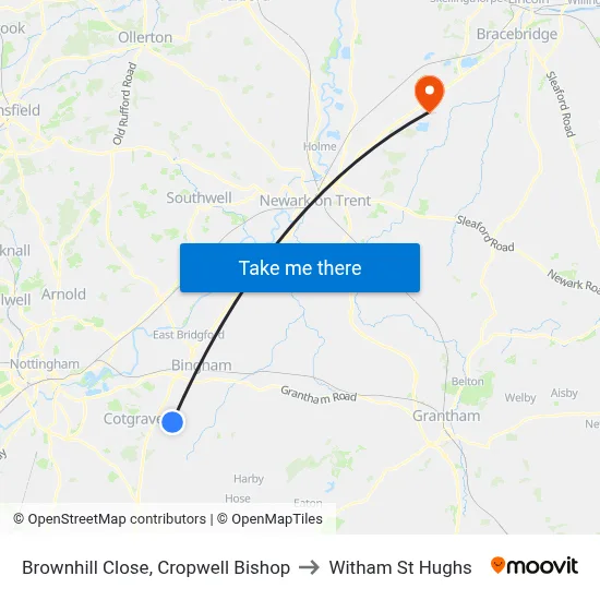 Brownhill Close, Cropwell Bishop to Witham St Hughs map