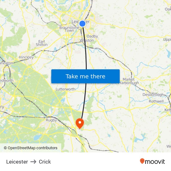 Leicester to Crick map