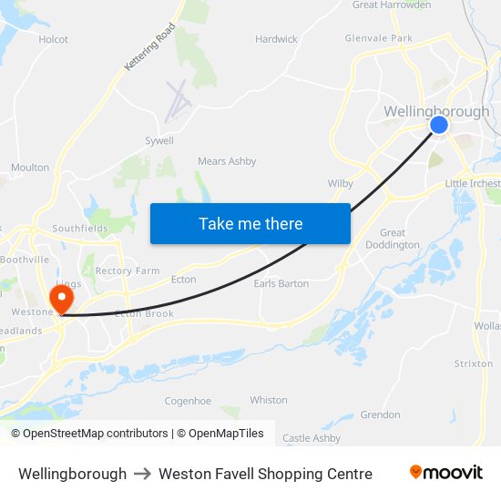 Wellingborough to Weston Favell Shopping Centre map