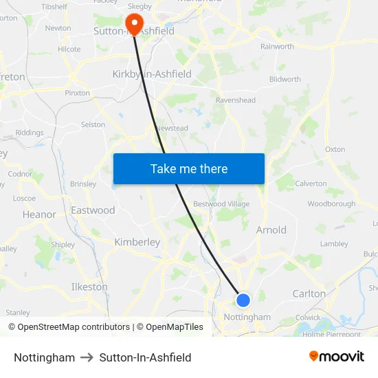 Nottingham to Sutton-In-Ashfield map