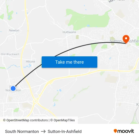 South Normanton to Sutton-In-Ashfield map