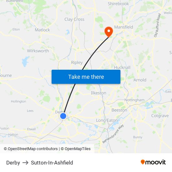 Derby to Sutton-In-Ashfield map