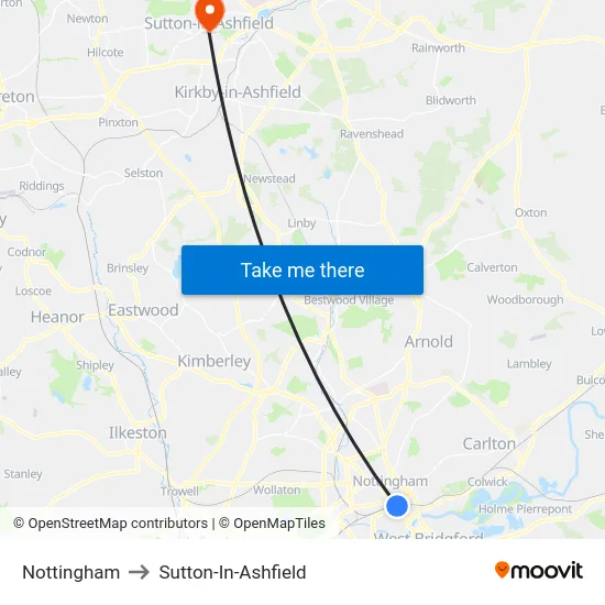 Nottingham to Sutton-In-Ashfield map