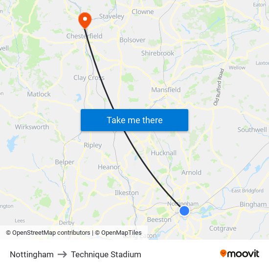 Nottingham to Technique Stadium map
