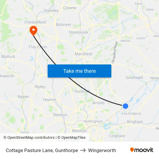Cottage Pasture Lane, Gunthorpe to Wingerworth map