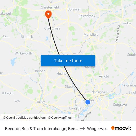 Beeston Bus & Tram Interchange, Beeston to Wingerworth map