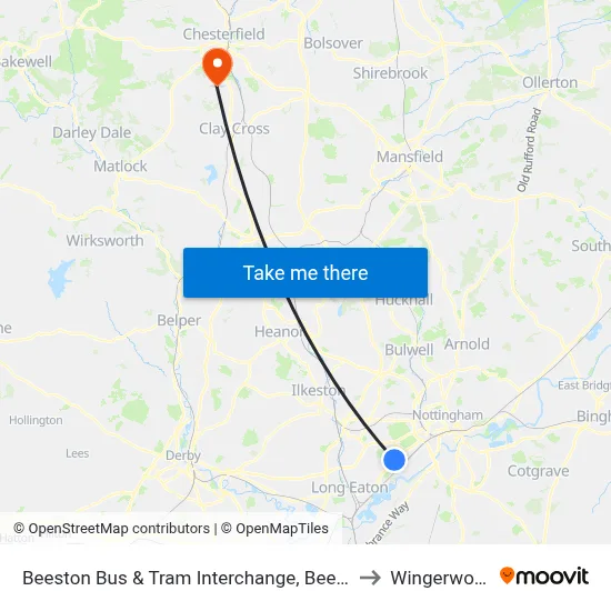 Beeston Bus & Tram Interchange, Beeston to Wingerworth map