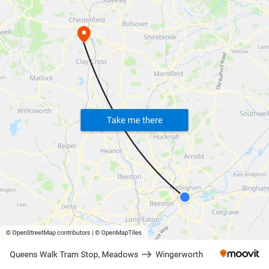 Queens Walk Tram Stop, Meadows to Wingerworth map