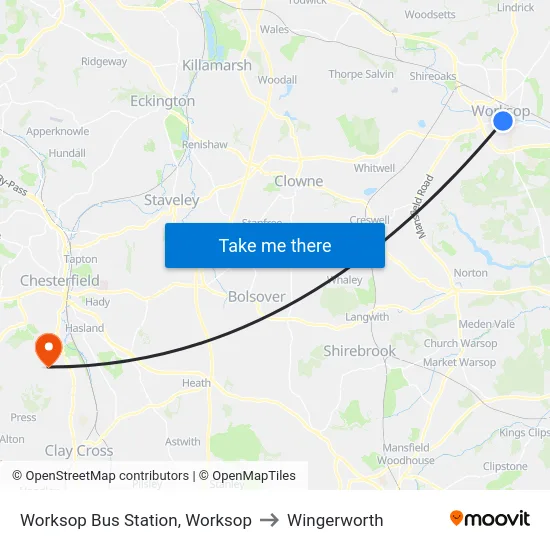 Worksop Bus Station, Worksop to Wingerworth map