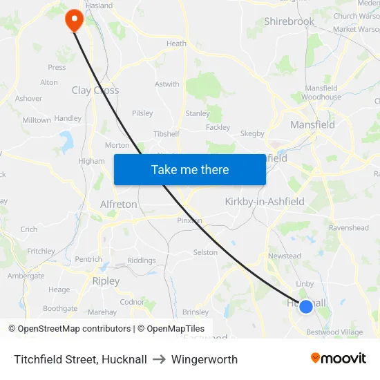 Titchfield Street, Hucknall to Wingerworth map