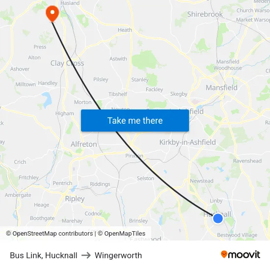 Bus Link, Hucknall to Wingerworth map