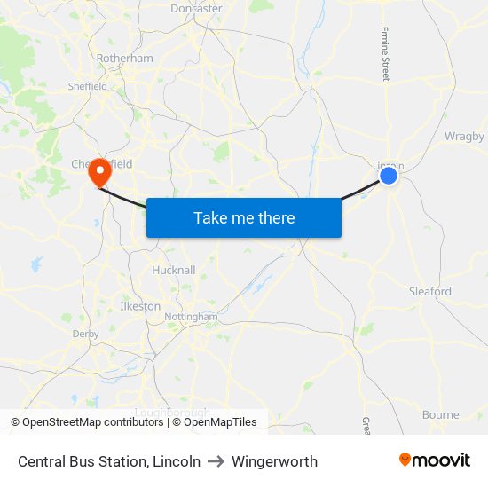 Central Bus Station, Lincoln to Wingerworth map