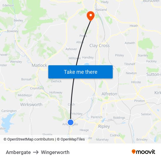 Ambergate to Wingerworth map