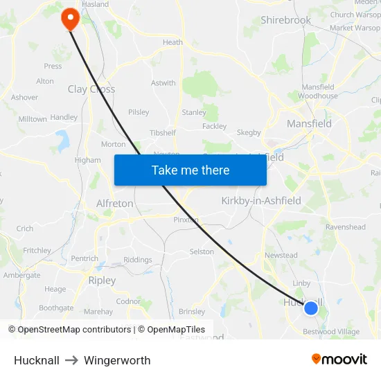Hucknall to Wingerworth map