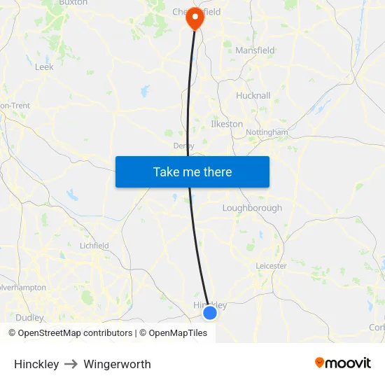 Hinckley to Wingerworth map