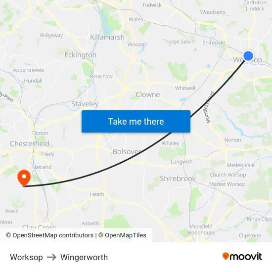 Worksop to Wingerworth map
