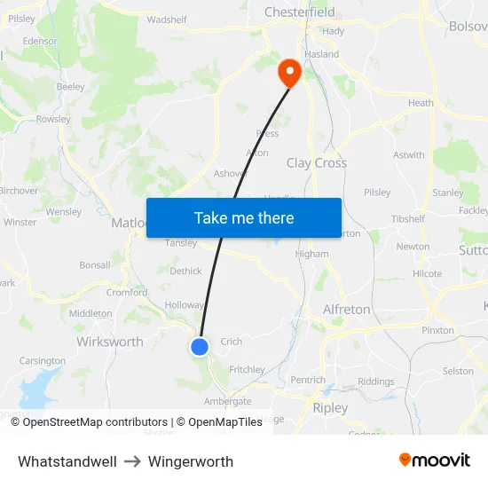 Whatstandwell to Wingerworth map