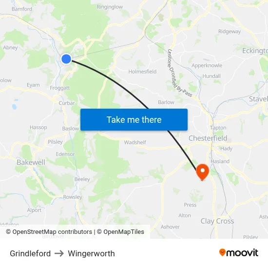 Grindleford to Wingerworth map