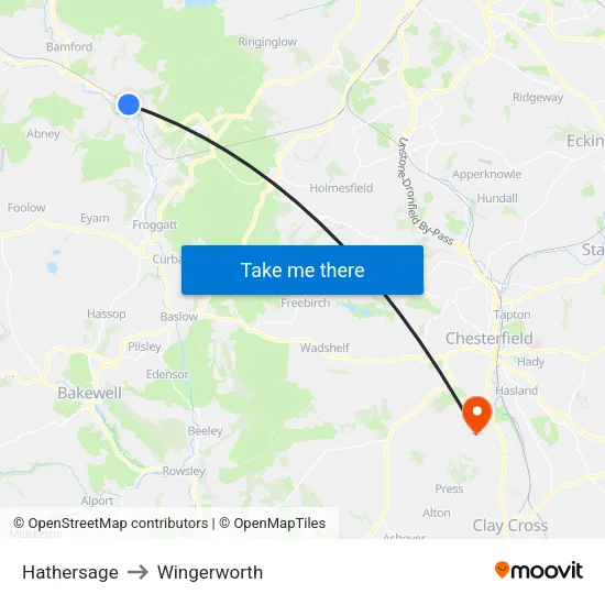 Hathersage to Wingerworth map