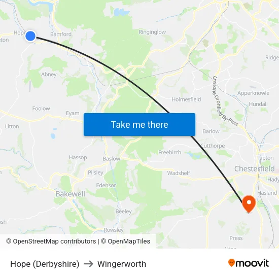 Hope (Derbyshire) to Wingerworth map