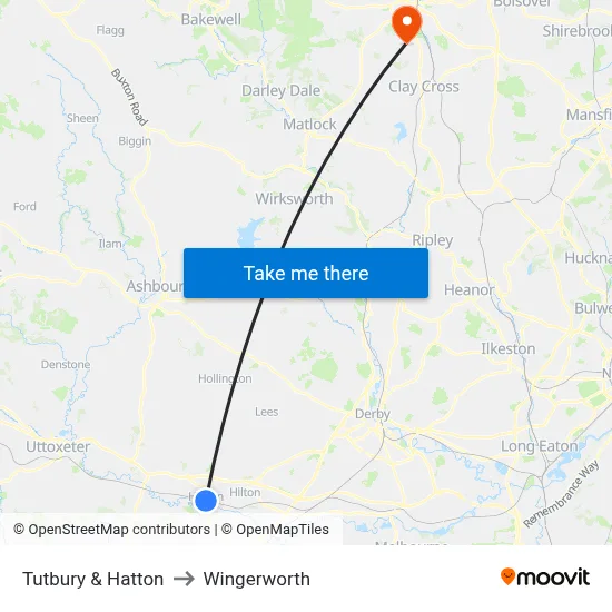 Tutbury & Hatton to Wingerworth map