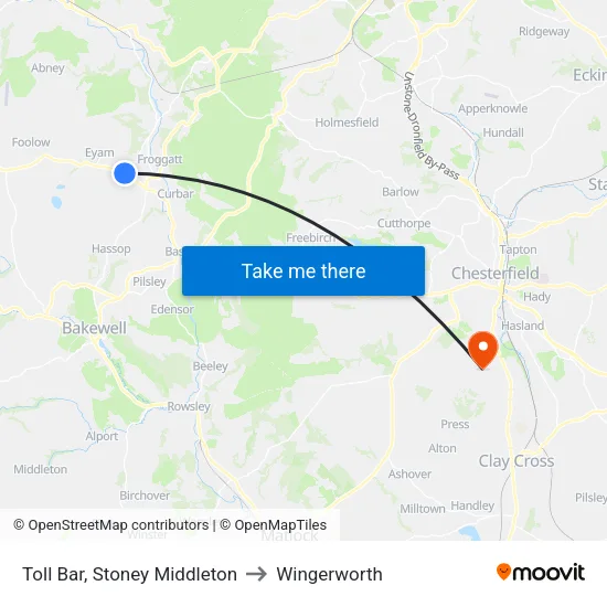 Toll Bar, Stoney Middleton to Wingerworth map