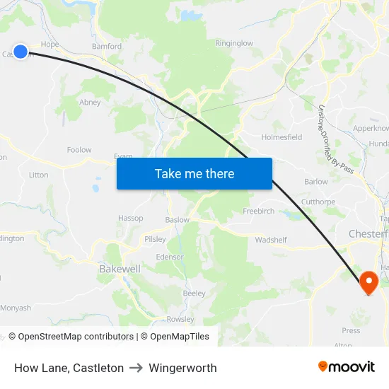 How Lane, Castleton to Wingerworth map
