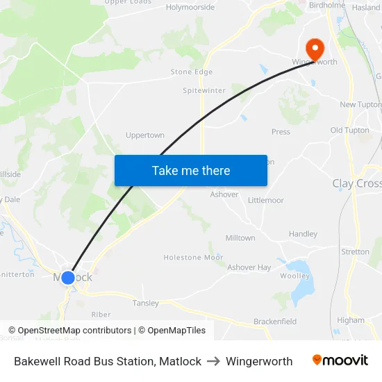 Bakewell Road Bus Station, Matlock to Wingerworth map