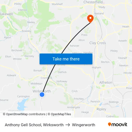 Anthony Gell School, Wirksworth to Wingerworth map