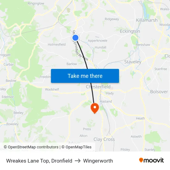 Wreakes Lane Top, Dronfield to Wingerworth map
