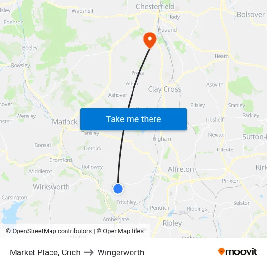 Market Place, Crich to Wingerworth map