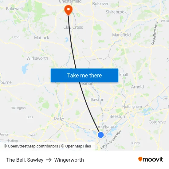 The Bell, Sawley to Wingerworth map