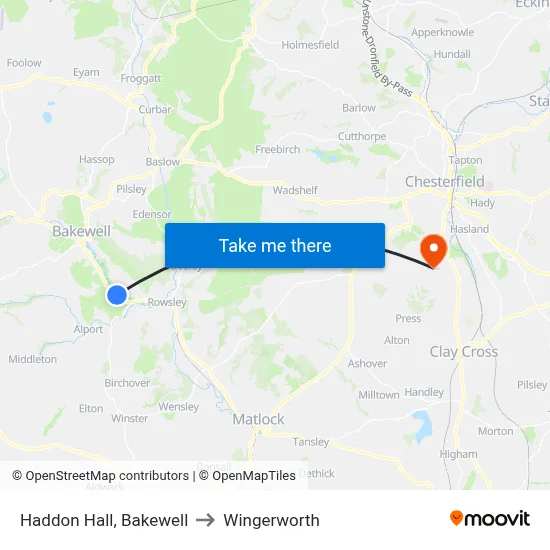 Haddon Hall, Bakewell to Wingerworth map