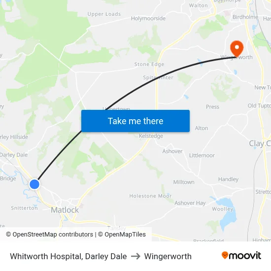 Whitworth Hospital, Darley Dale to Wingerworth map