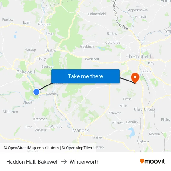 Haddon Hall, Bakewell to Wingerworth map