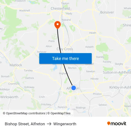 Bishop Street, Alfreton to Wingerworth map