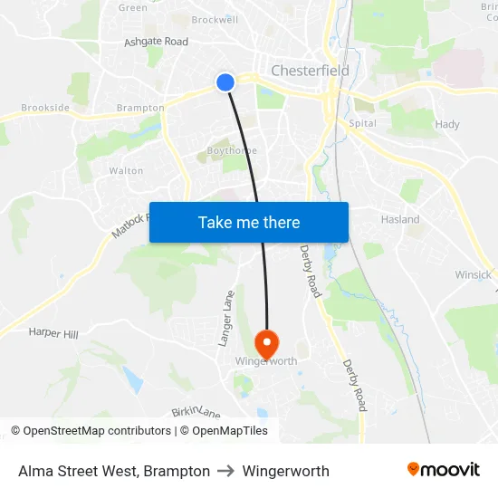 Alma Street West, Brampton to Wingerworth map